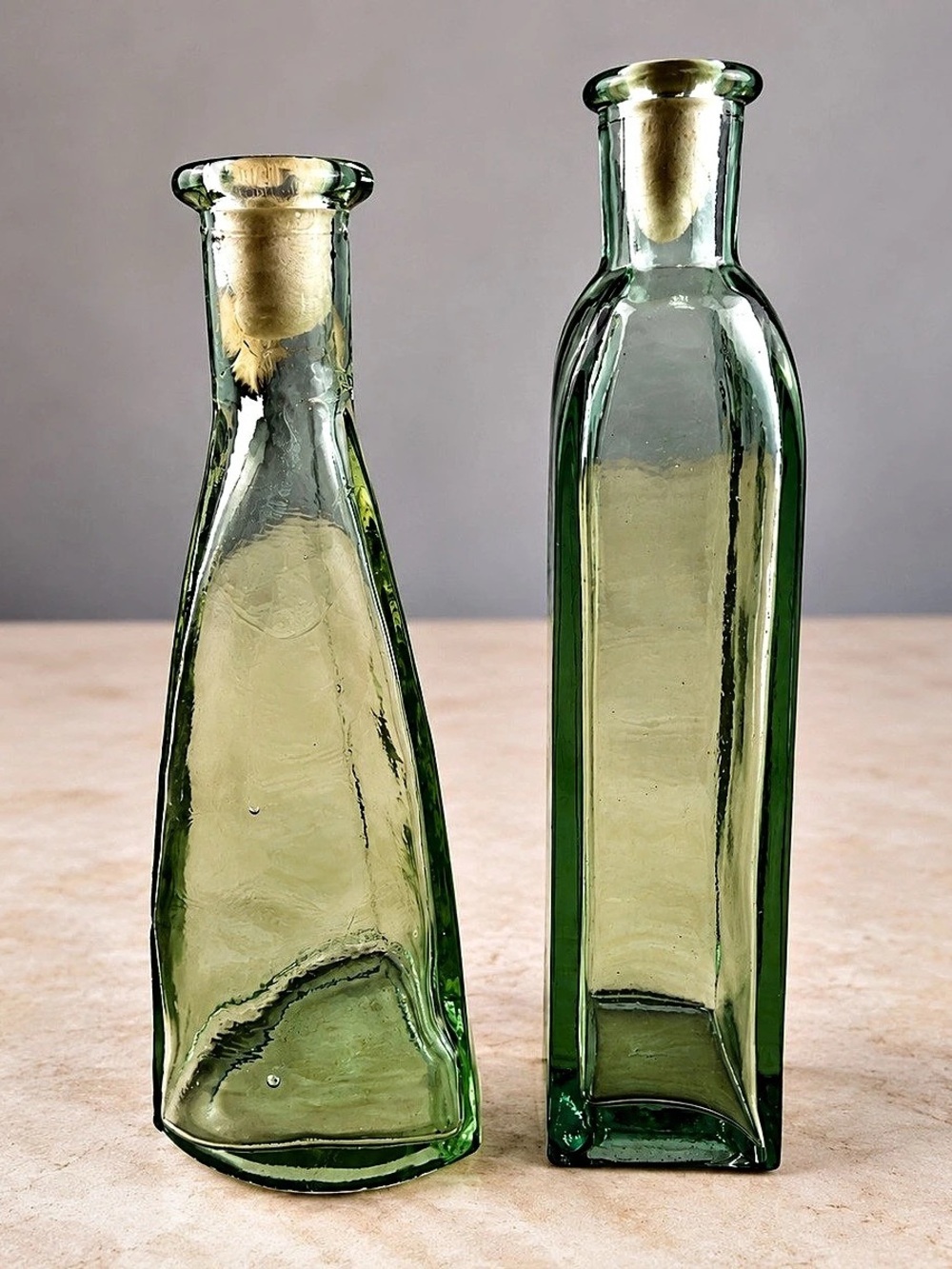 Vintage Aqua Green Glass Bottle Pair | Triangular & Square